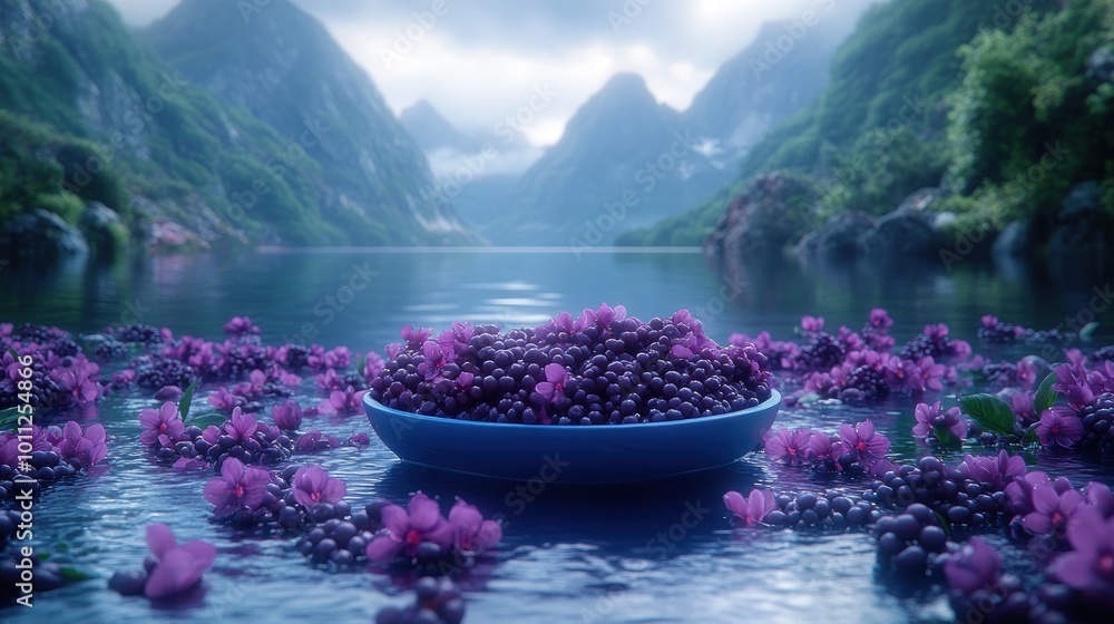 A serene scene of grapes and flowers floating on a tranquil lake. A serene scene of grapes and flowers floating on a tranquil lake.