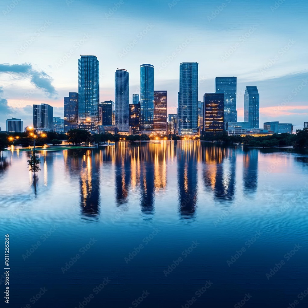 Naklejka premium A city skyline reflecting in floodwaters at dusk, symbolizing urban resilience in the face of climate challenges