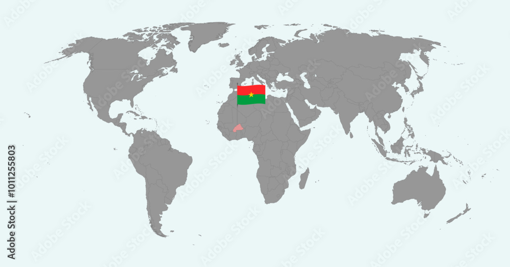 Naklejka premium Pin map with Burkina Faso flag on world map. Vector illustration.