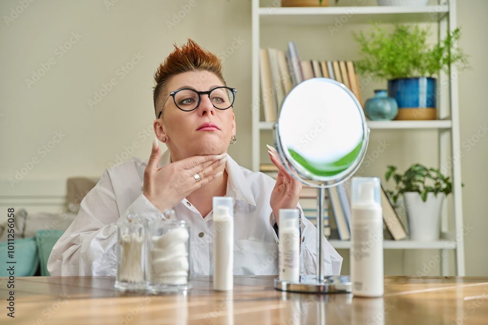 Middle aged woman looking in mirror, using face creams, cosmetic care products Middle aged woman looking in mirror, using face creams, cosmetic care products