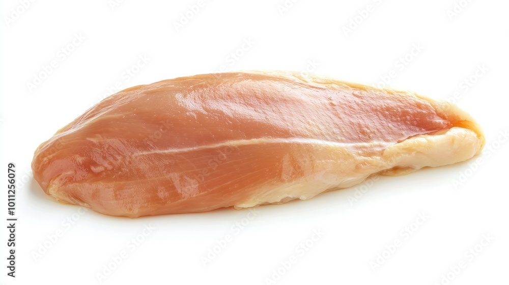 A piece of uncooked chicken breast, placed on a white background, emphasizing its freshness and ready-to-cook appeal. A piece of uncooked chicken breast, placed on a white background, emphasizing its freshness and ready-to-cook appeal.