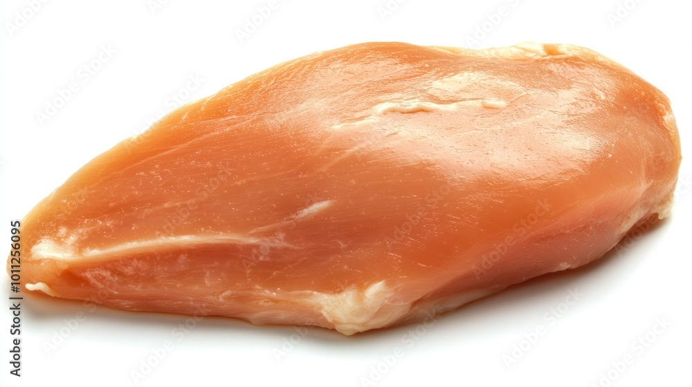 A piece of uncooked chicken breast, placed on a white background, emphasizing its freshness and ready-to-cook appeal. A piece of uncooked chicken breast, placed on a white background, emphasizing its freshness and ready-to-cook appeal.