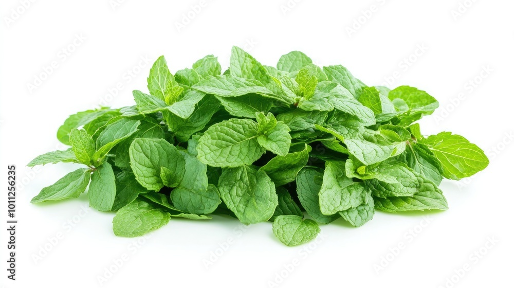 A pile of mint leaves, isolated on a pristine white background, capturing their rich green hues and delicate texture for botanical or culinary purposes. A pile of mint leaves, isolated on a pristine white background, capturing their rich green hues and delicate texture for botanical or culinary purposes.