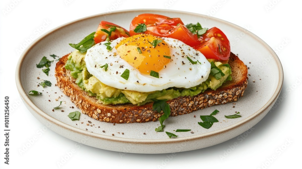 A plate of multigrain toast with smashed avocado and a poached egg, isolated on a white background, showcasing a trendy, nutritious breakfast option.