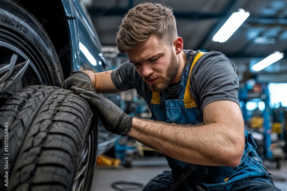 Technician replacing tires in a workshop, ensuring a precise fit for a safe ride, with tools and equipment visible in the background, focusing on professionalism and safety Technician replacing tires in a workshop, ensuring a precise fit for a safe ride, with tools and equipment visible in the background, focusing on professionalism and safety