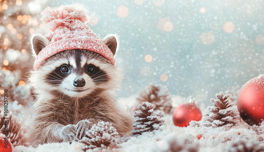 A cute fluffy raccoon in a christmas hat sitting on the ground against an Christmas tree with silver decor
A cute fluffy raccoon in a christmas hat sitting on the ground against an Christmas tree with silver decor