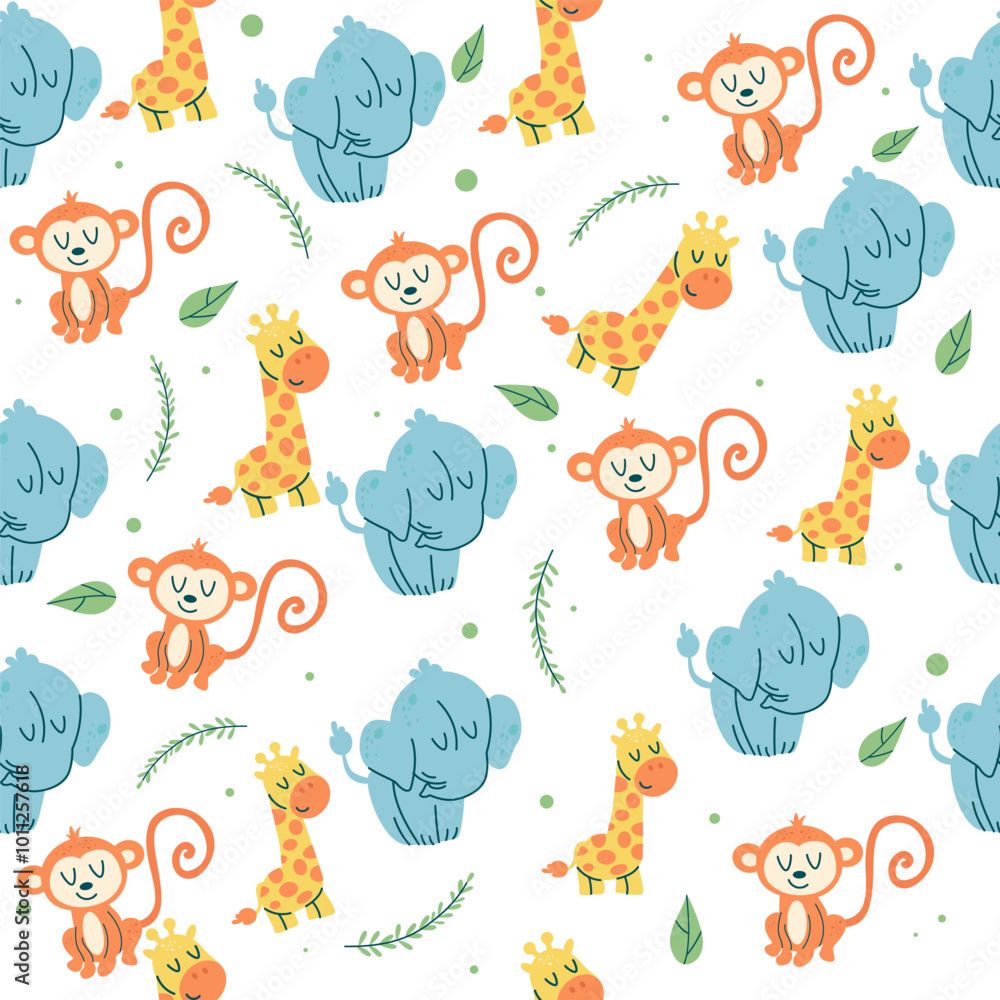 Obraz premium Seamless pattern kawaii animal characters giraffe, elephant, monkey