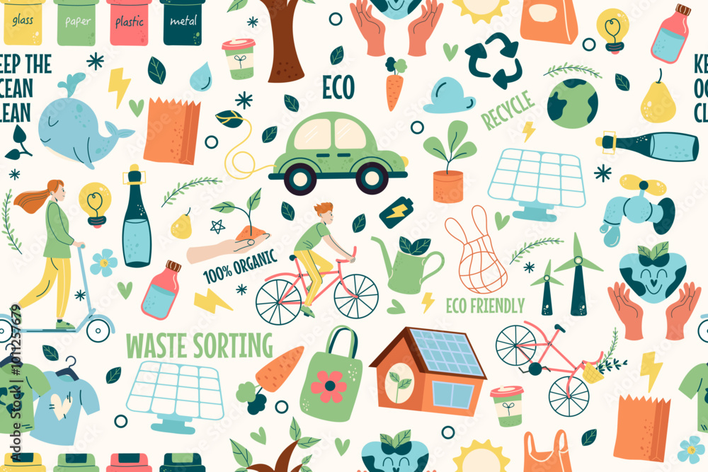 Seamless pattern cute eco friendly hand drawn Seamless pattern cute eco friendly hand drawn