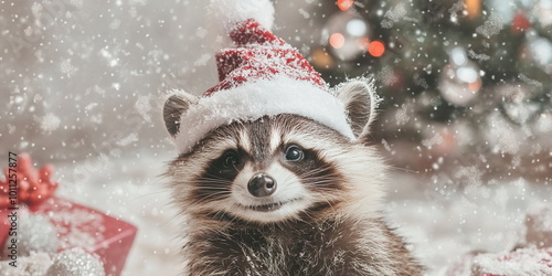 A cute fluffy raccoon in a christmas hat sitting on the ground against an Christmas tree with silver decor
 photo