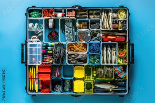 Organized tackle box filled with fishing gear on a blue background photo