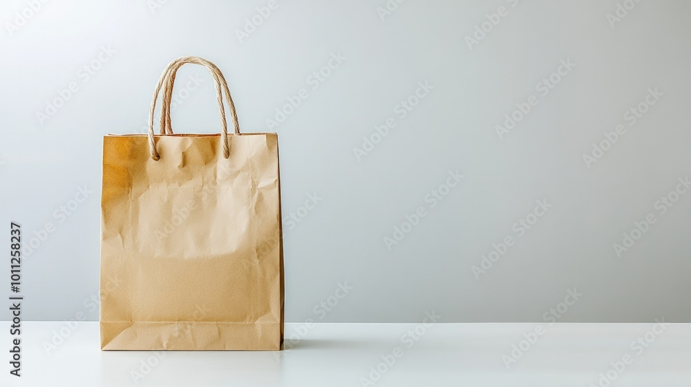 A single paper grocery bag with a slightly wrinkled texture, placed on a white background for an eco-conscious shopping concept. A single paper grocery bag with a slightly wrinkled texture, placed on a white background for an eco-conscious shopping concept.
