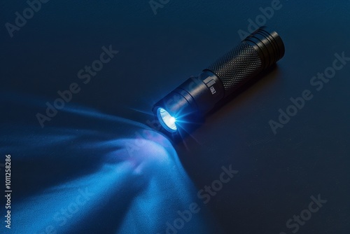 A powerful blue flashlight illuminating a dark surface during nighttime use