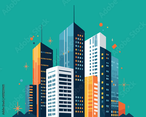  Vector Illustration of Colorful Modern Cityscape with Skyscrapers and High-rise Buildings