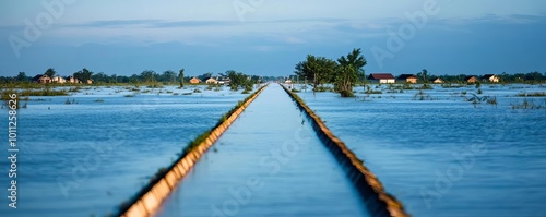Broken levees pouring water into towns, representing the infrastructure failure during massive floods