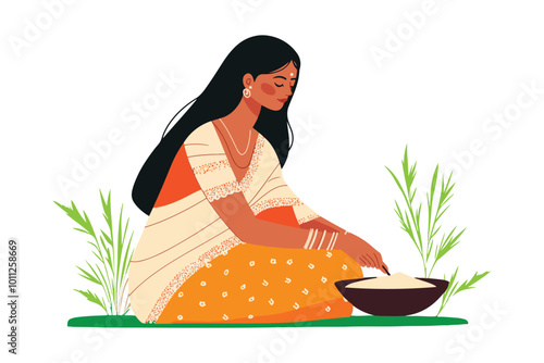 Vector Illustration of Indian Woman in Traditional Saree Preparing Food Outdoors