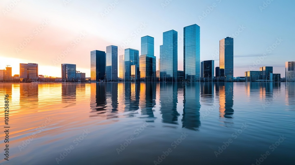 Fototapeta premium City skyline at sunset with floodwaters reflecting on glass skyscrapers, symbolizing the future of urban areas affected by rising sea levels