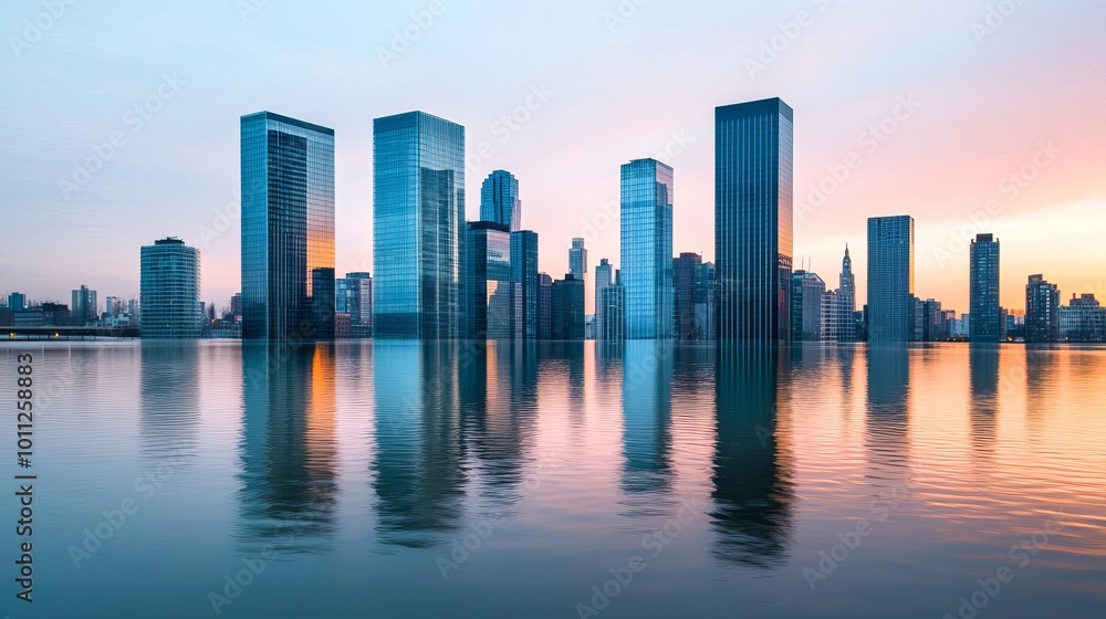 Obraz premium City skyline at sunset with floodwaters reflecting on glass skyscrapers, symbolizing the future of urban areas affected by rising sea levels