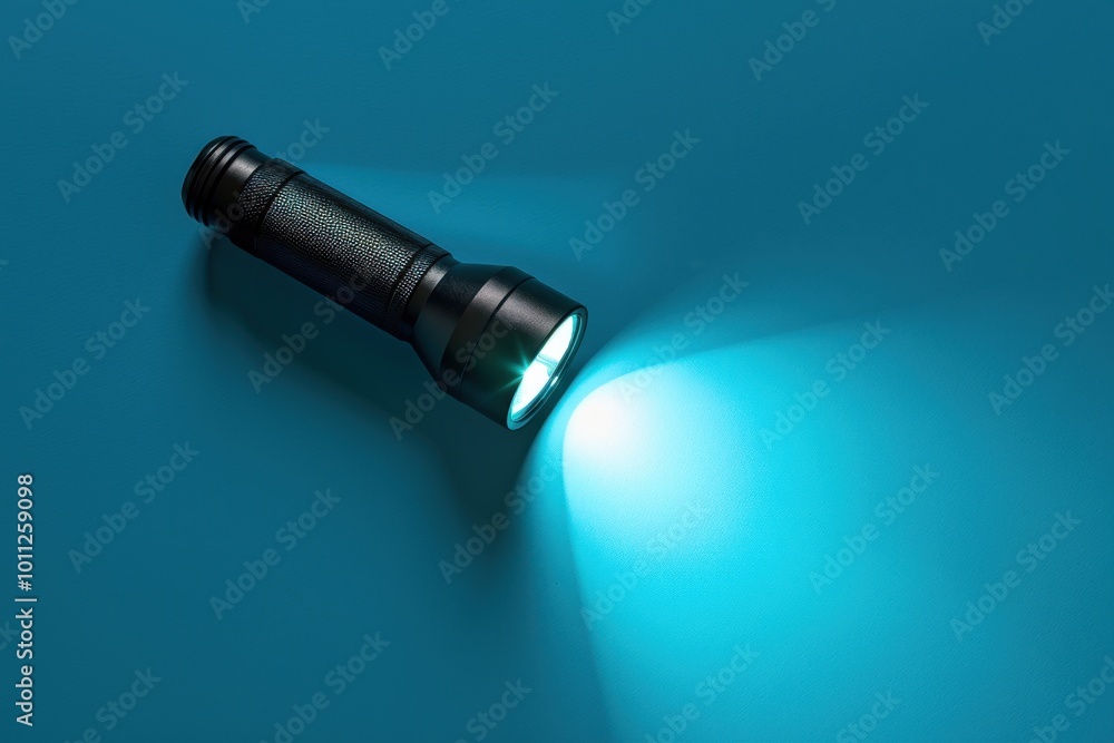 A black flashlight casting a blue beam on a blue surface during nighttime A black flashlight casting a blue beam on a blue surface during nighttime