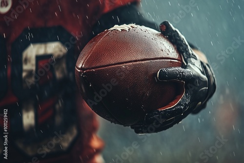 American football athlete holding the ball during the match by generative ai