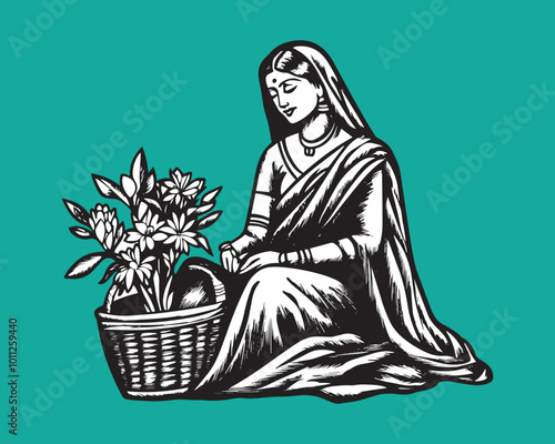 Hand-drawn vector of a woman in traditional attire arranging flowers in a basket, teal background
