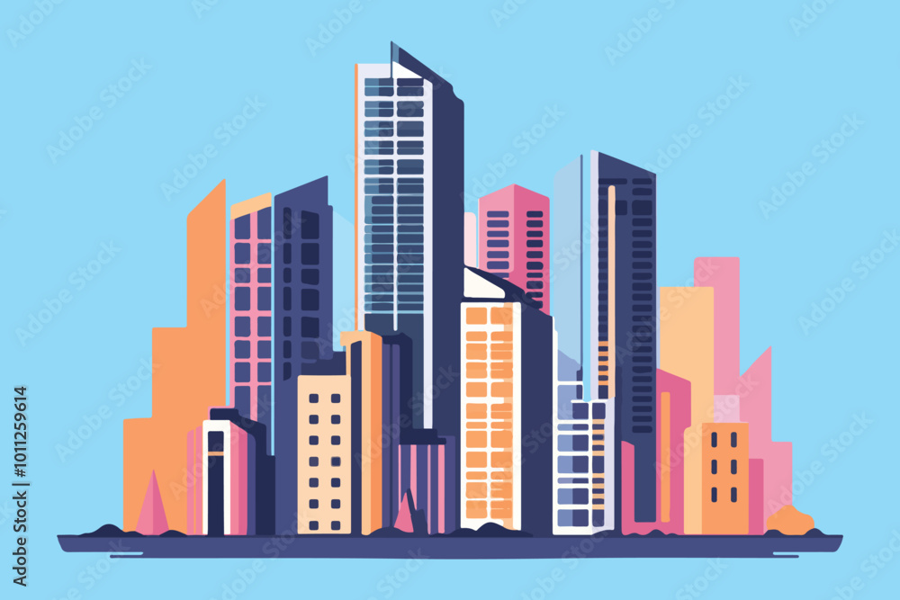 Illustration of skyscrapers in a modern city with pink and blue tones and contemporary design Illustration of skyscrapers in a modern city with pink and blue tones and contemporary design
