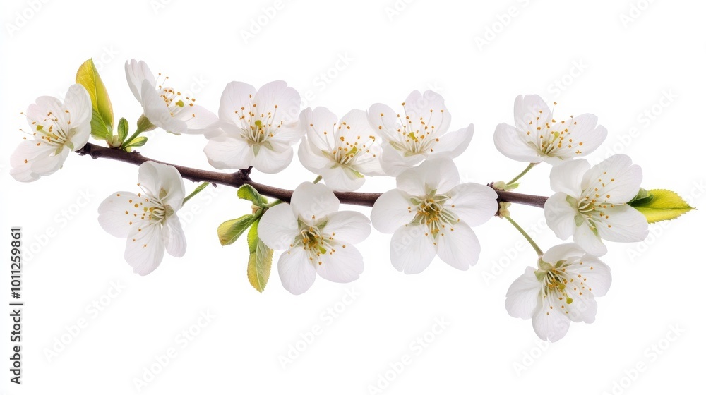 White cherry blossoms on a branch against a white backdrop White cherry blossoms on a branch against a white backdrop