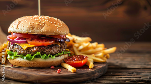 Fast food illustration with hamburger and fries photo