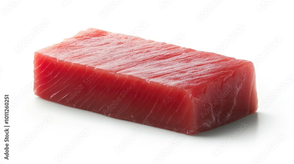 A thick piece of raw tuna, vibrant and fresh, isolated on a white background, perfect for highlighting high-quality seafood. A thick piece of raw tuna, vibrant and fresh, isolated on a white background, perfect for highlighting high-quality seafood.