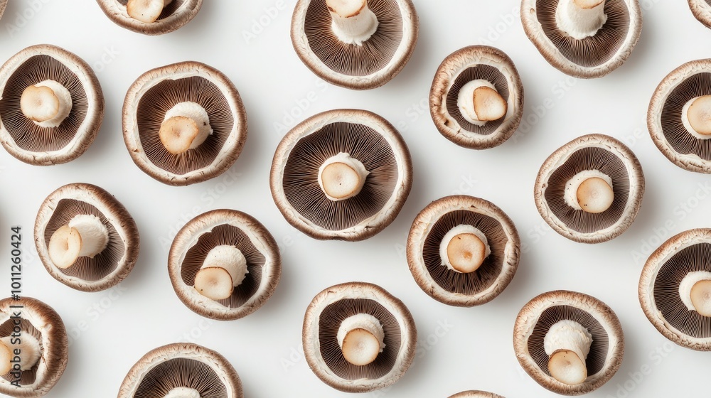 A top-down view of sliced mushrooms arranged in a pattern on a white background, showcasing their clean, fresh appearance. A top-down view of sliced mushrooms arranged in a pattern on a white background, showcasing their clean, fresh appearance.