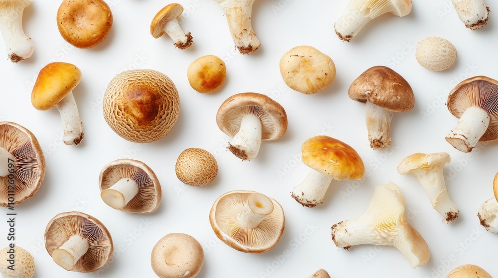 A variety of whole mushrooms, placed randomly on a white background, highlighting their organic shapes and natural beauty. A variety of whole mushrooms, placed randomly on a white background, highlighting their organic shapes and natural beauty.