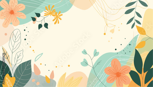Soft abstract floral background with green and orange leaves and flowers, vector illustration