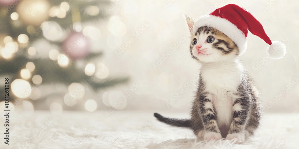 A cute fluffy red white grey calico kitten in a christmas hat sitting on the ground against an Christmas tree with silver decor A cute fluffy red white grey calico kitten in a christmas hat sitting on the ground against an Christmas tree with silver decor