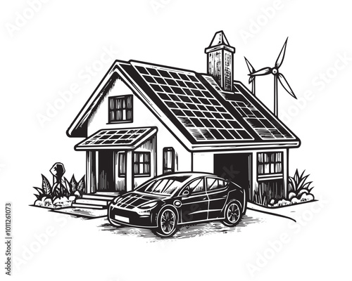 Hand drawn illustration of a sustainable house with solar panels, electric car, and wind turbine