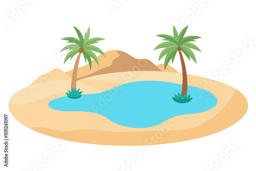 Serene Desert Oasis Scene Featuring Palm Trees Vector Illustration
