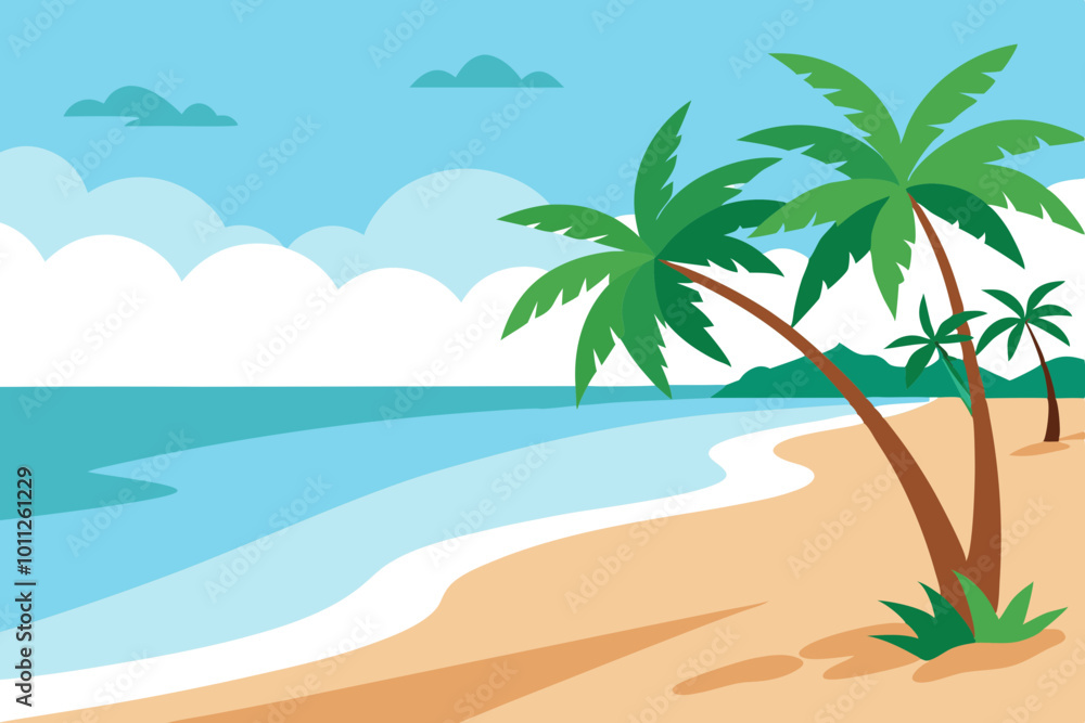 Beautiful Vector Design of a Tranquil Sandy Beach with Palm Trees and Blue Waves
Beautiful Vector Design of a Tranquil Sandy Beach with Palm Trees and Blue Waves