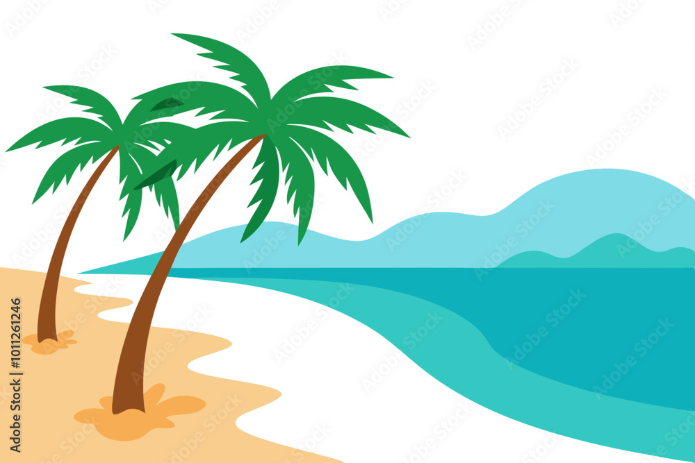 Fototapeta premium Vector Illustration of a Sandy Tropical Beach Surrounded by Lush Palm Trees 