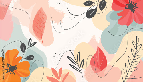 Pastel botanical floral background with leaves and flowers in an abstract vector design
