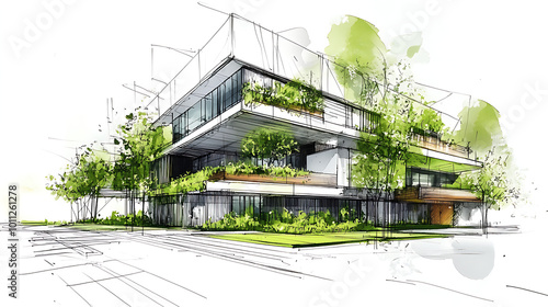 Architectural sketch of a modern, sustainable building featuring green spaces and eco-friendly design elements