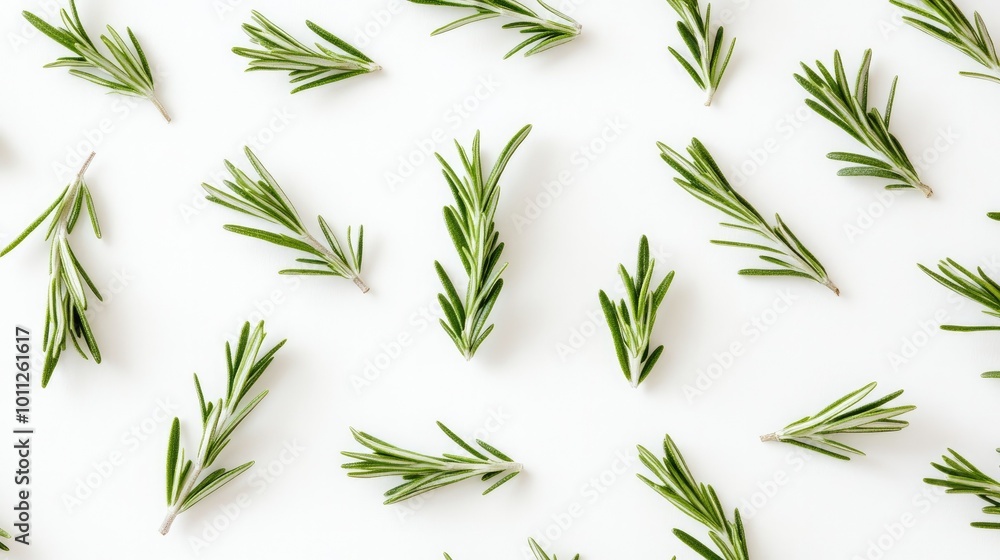 Fototapeta premium Fresh rosemary leaves spread across a white background, offering a natural and aromatic look for healthy cooking or herbal concepts.