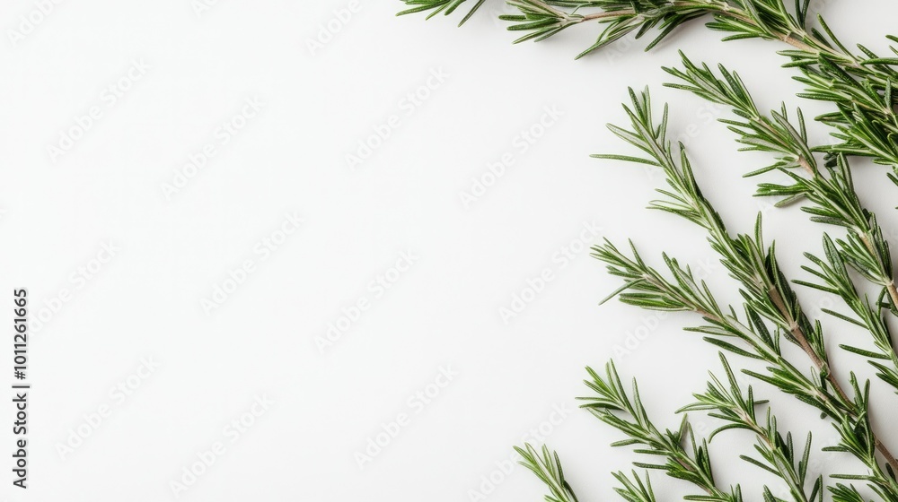 Fototapeta premium Several sprigs of rosemary, arranged diagonally on a clean white background, emphasizing the freshness and culinary uses of the herb.