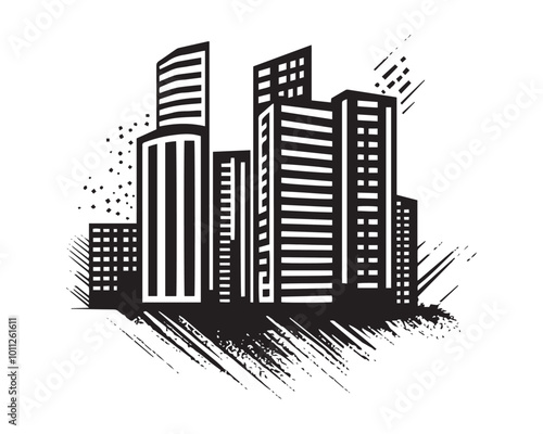 Hand drawn black and white illustration of a modern cityscape with tall skyscrapers