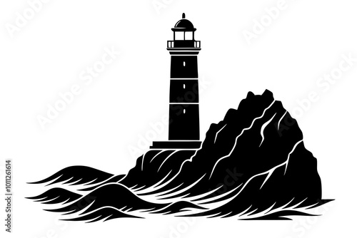 Vibrant Vector Artwork of a Lighthouse Majestically Perched on a Rocky Cliffside





