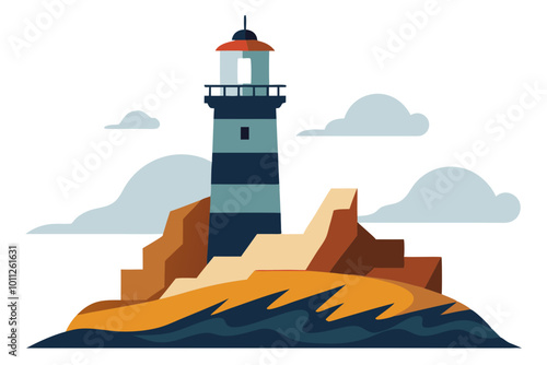 Majestic Vector Design of a Lighthouse on a Rocky Cliff Surrounded by Waves
