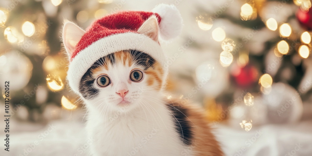 A cute fluffy red white grey calico kitten in a christmas hat sitting on the ground against an Christmas tree with silver decor A cute fluffy red white grey calico kitten in a christmas hat sitting on the ground against an Christmas tree with silver decor
