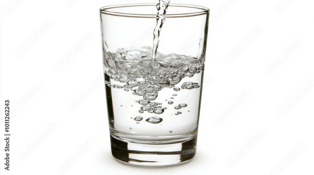 Water being poured into a glass, with droplets suspended in motion against a bright white background, focusing on fluidity and freshness. Water being poured into a glass, with droplets suspended in motion against a bright white background, focusing on fluidity and freshness.