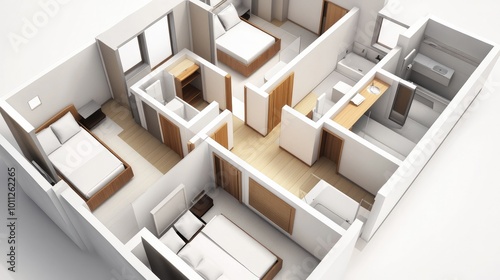 A 3D render of a hotel layout featuring connected rooms, shown on a white background for easy understanding of room arrangement and design flow.