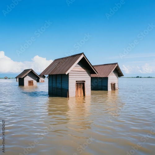 Fishing villages submerged by floodwaters, symbolizing the destruction of coastal livelihoods