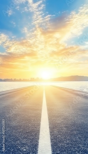 Asphalt Road to Horizon, Scenic Empty Straight Freeway in Countryside at Sunset Sunrise Time.