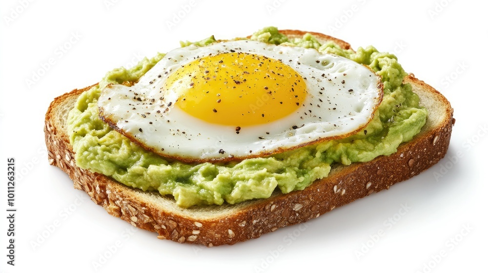 A classic breakfast of mashed avocado on toast with a perfectly fried egg, sitting on a white background, ideal for nutrition and culinary imagery. A classic breakfast of mashed avocado on toast with a perfectly fried egg, sitting on a white background, ideal for nutrition and culinary imagery.
