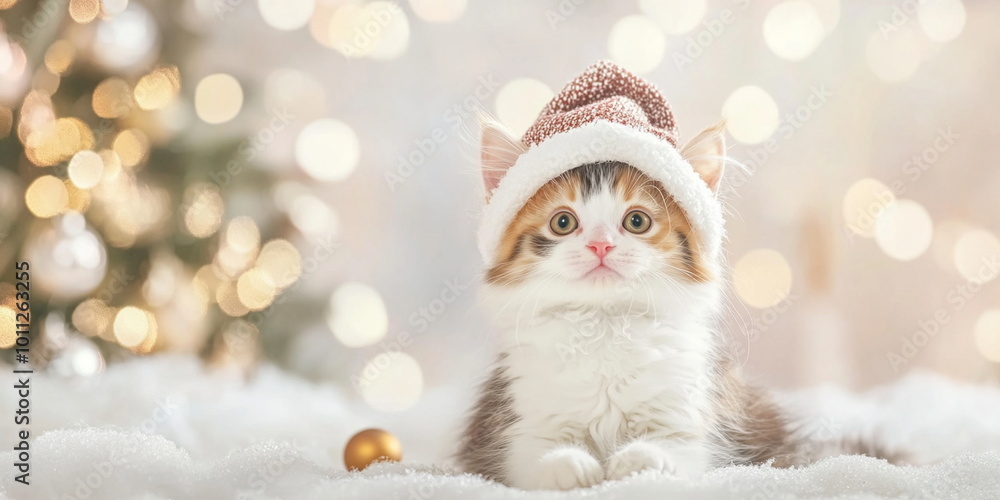 A cute fluffy red white grey calico kitten in a christmas hat sitting on the ground against an Christmas tree with silver decor A cute fluffy red white grey calico kitten in a christmas hat sitting on the ground against an Christmas tree with silver decor
